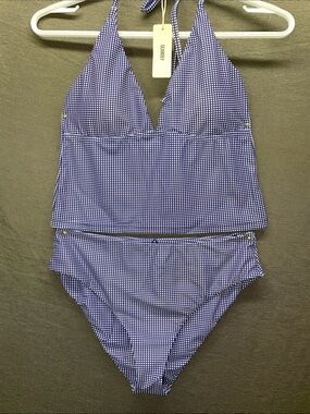 Seamoly Navy Micro-Check Halter Tankini with Bikini Brief